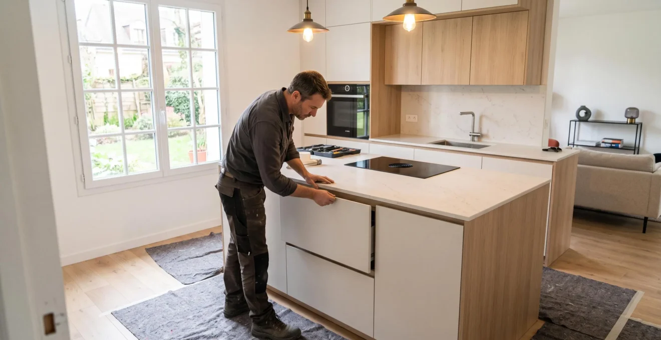 Artisan installant une cuisine équipée moderne dans une maison en rénovation, lumière naturelle, ambiance chantier professionnel soigné