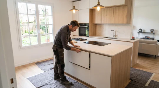 Artisan installant une cuisine équipée moderne dans une maison en rénovation, lumière naturelle, ambiance chantier professionnel soigné