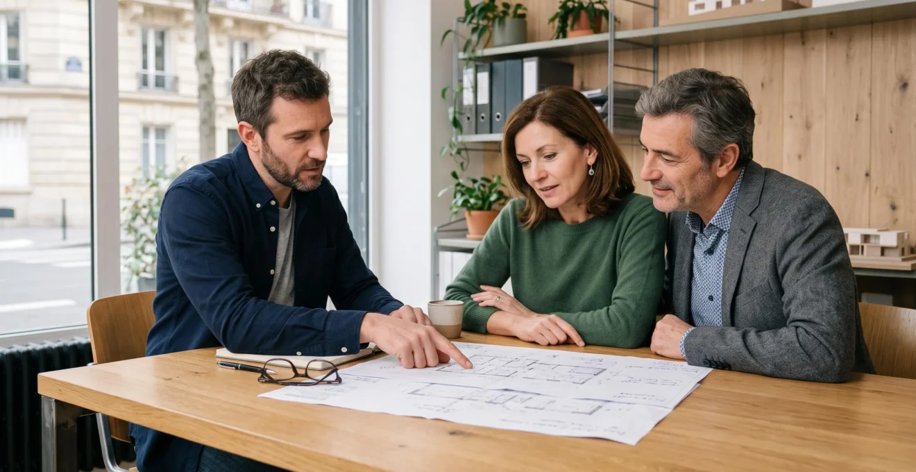 Expert en rénovation conseillant un couple de propriétaires sur des plans architecturaux dans un bureau d'agence contemporaine