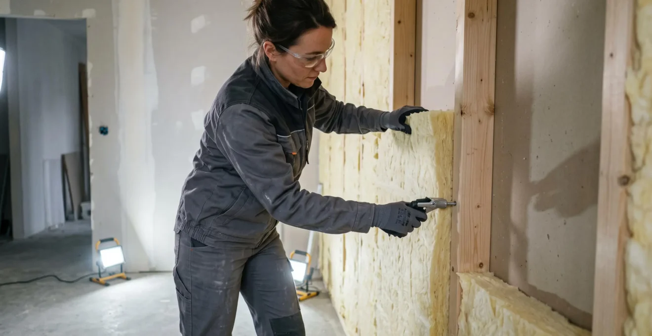 Professionnelle installant des panneaux d'isolation thermique en laine minérale sur un mur intérieur lors d'un chantier de rénovation énergétique